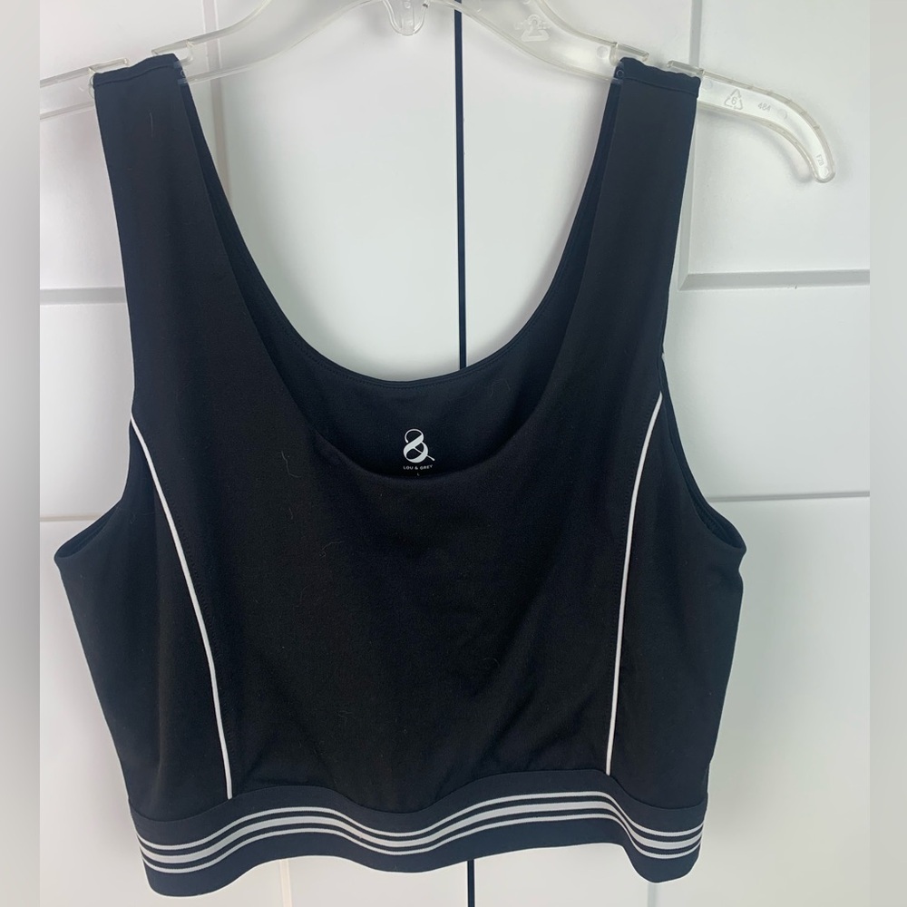 Lou & Grey LARGE Athletic Tank Built In Bra Cropped Black White Stripe Bralette
